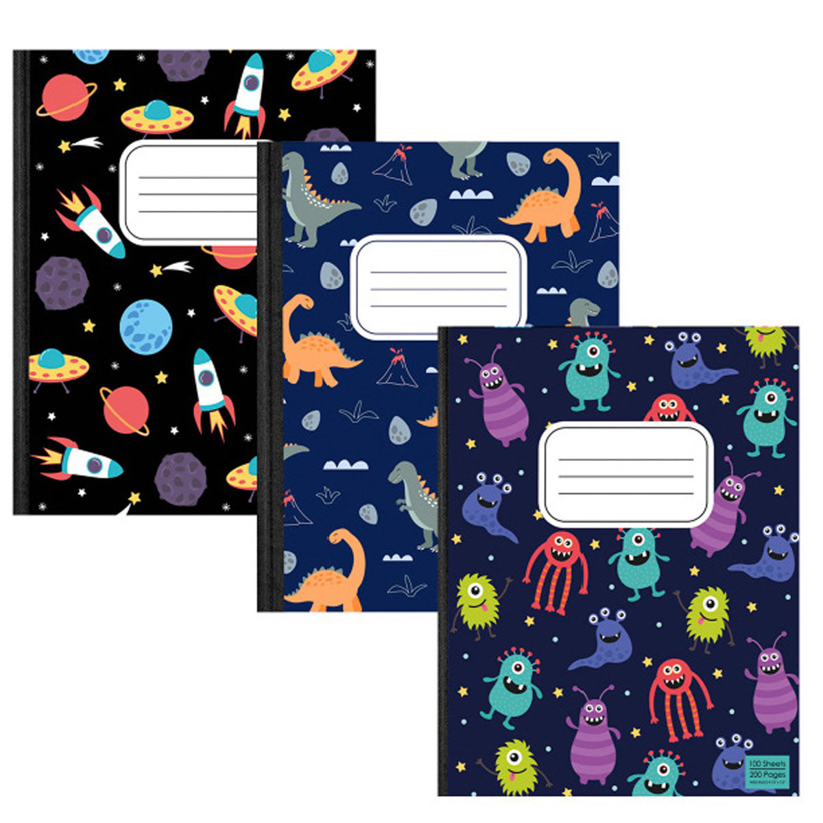 Boyish Composition Notebook - Assorted Cover Designs, 3 Pack, Wide-ruled, 7.5 X 9.8 Inches, 100 Sheets