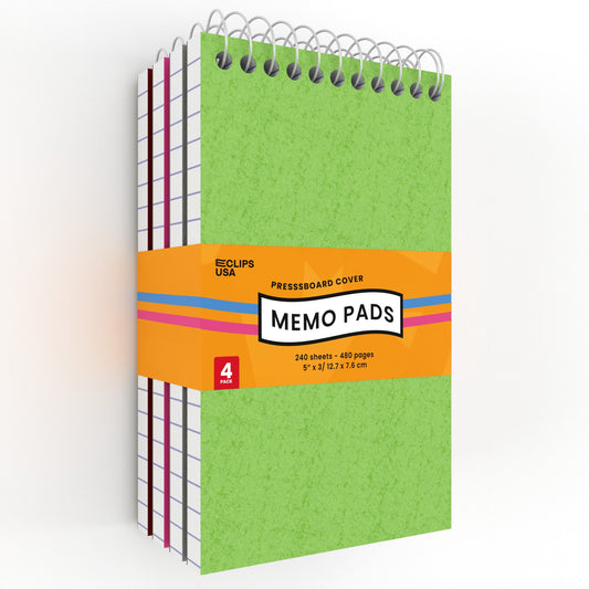 Pressboard Memo Pad - Top Spiral, 5 X 3 Inches, 320 (4 Pads Of 80) Sheets, Assorted Colors, 4 Pack