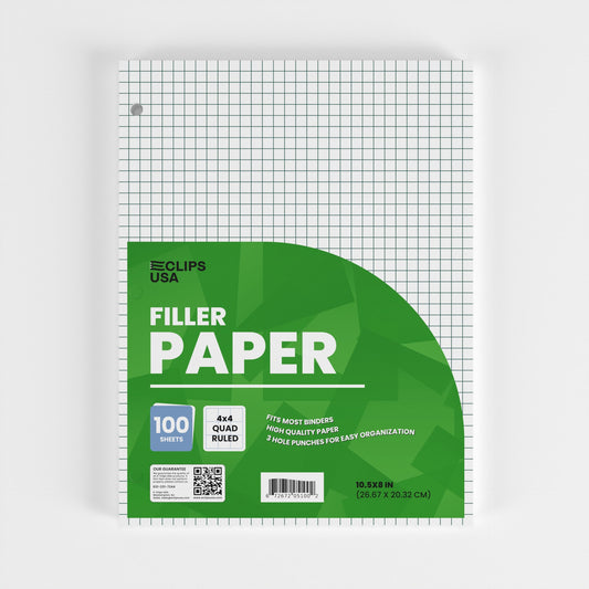 Quad-Ruled Filler Paper - White Loose-leaf, Fits Standard 3-Ring Binder, 100 Sheets