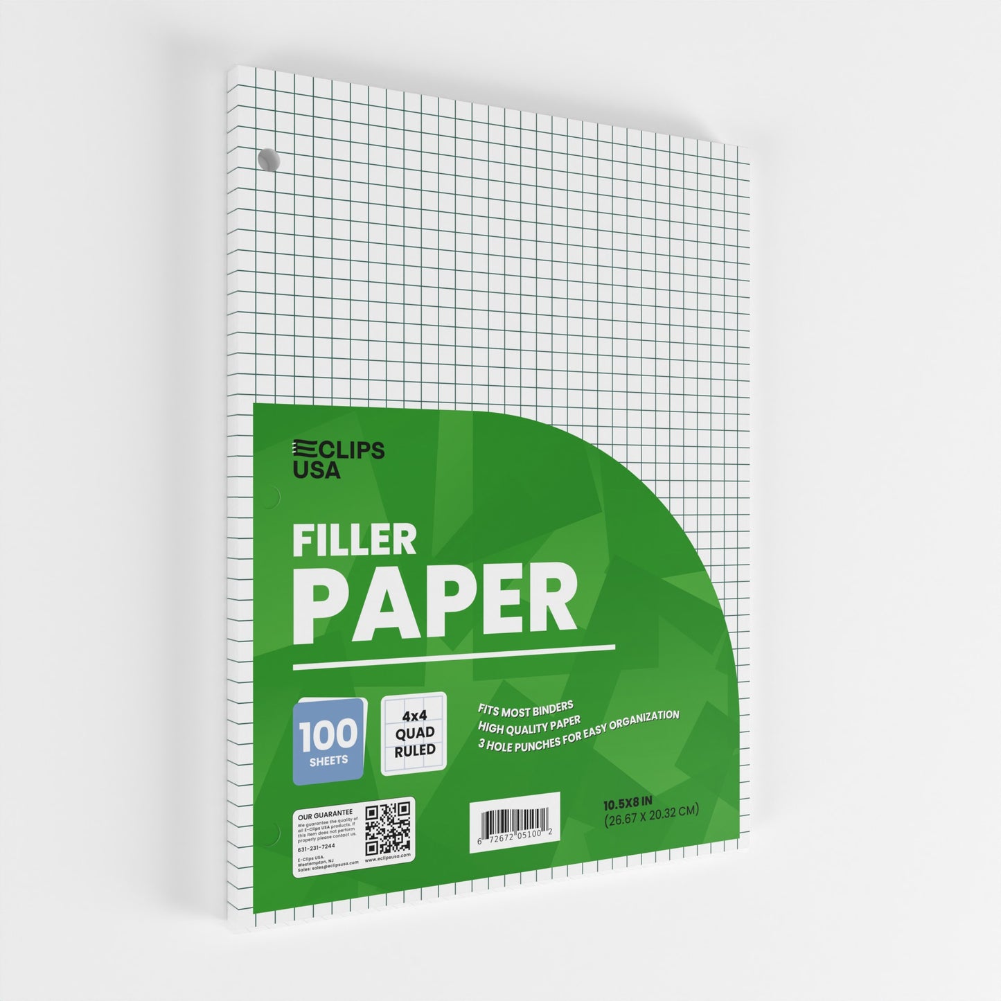 Quad-Ruled Filler Paper - White Loose-leaf, Fits Standard 3-Ring Binder, 100 Sheets