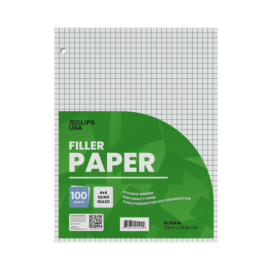 100 Count Sheets, Quad Ruled, 10.5" x 8", White, Filler Paper