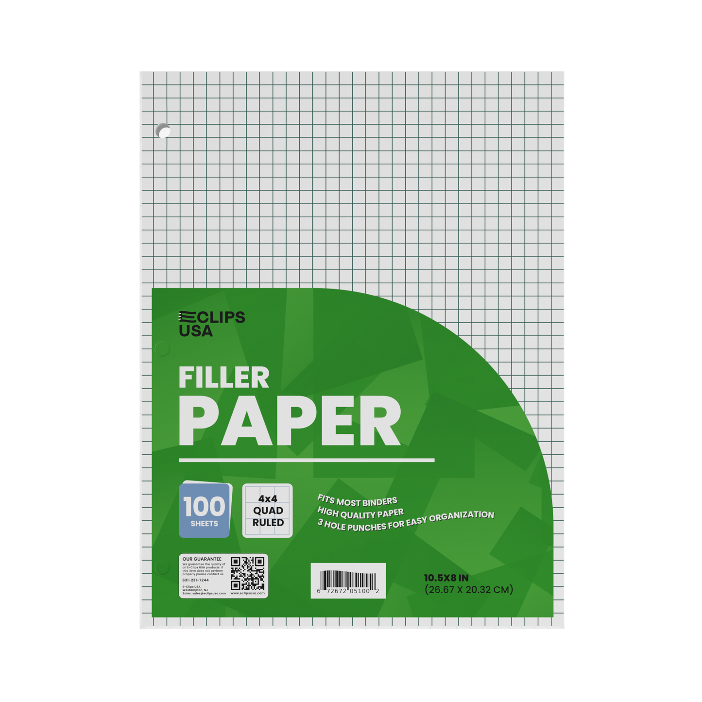 Quad-Ruled Filler Paper - White Loose-leaf, Fits Standard 3-Ring Binder, 100 Sheets