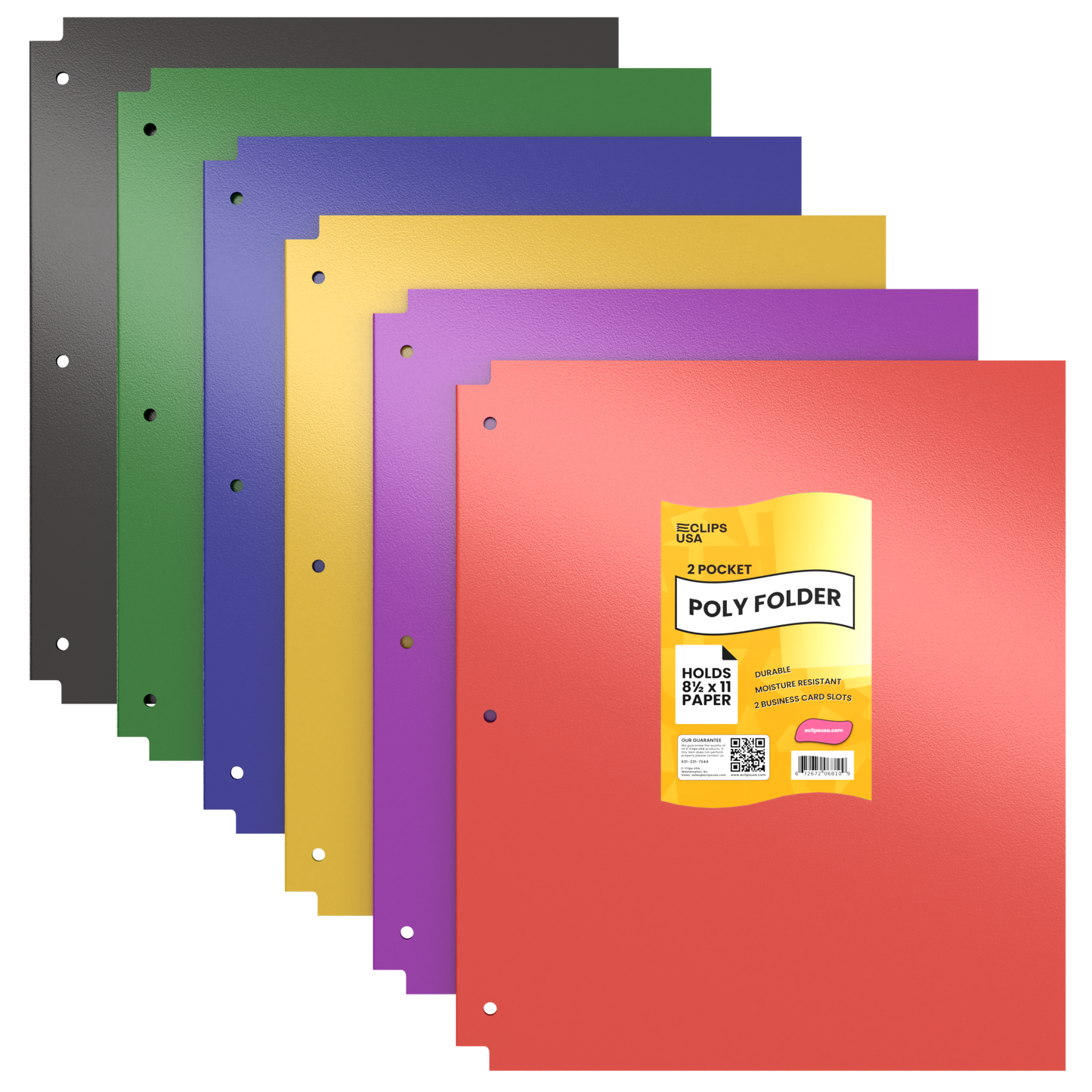 Poly Pocket Binder Folders - 2-pockets With Business Card Slots, Fits Standard 3-Ring Binder, Assorted Colors