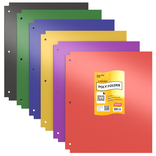 Poly Pocket Binder Folders - 2-pockets With Business Card Slots, Fits Standard 3-Ring Binder, Assorted Colors