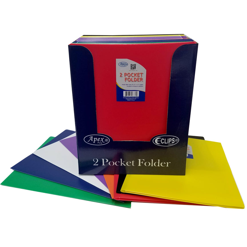 Poly Pocket Folders: 3 Hole Punched, 8.5 x 11, (Assorted Colors), 2 Pockets, Case of 48 Packs