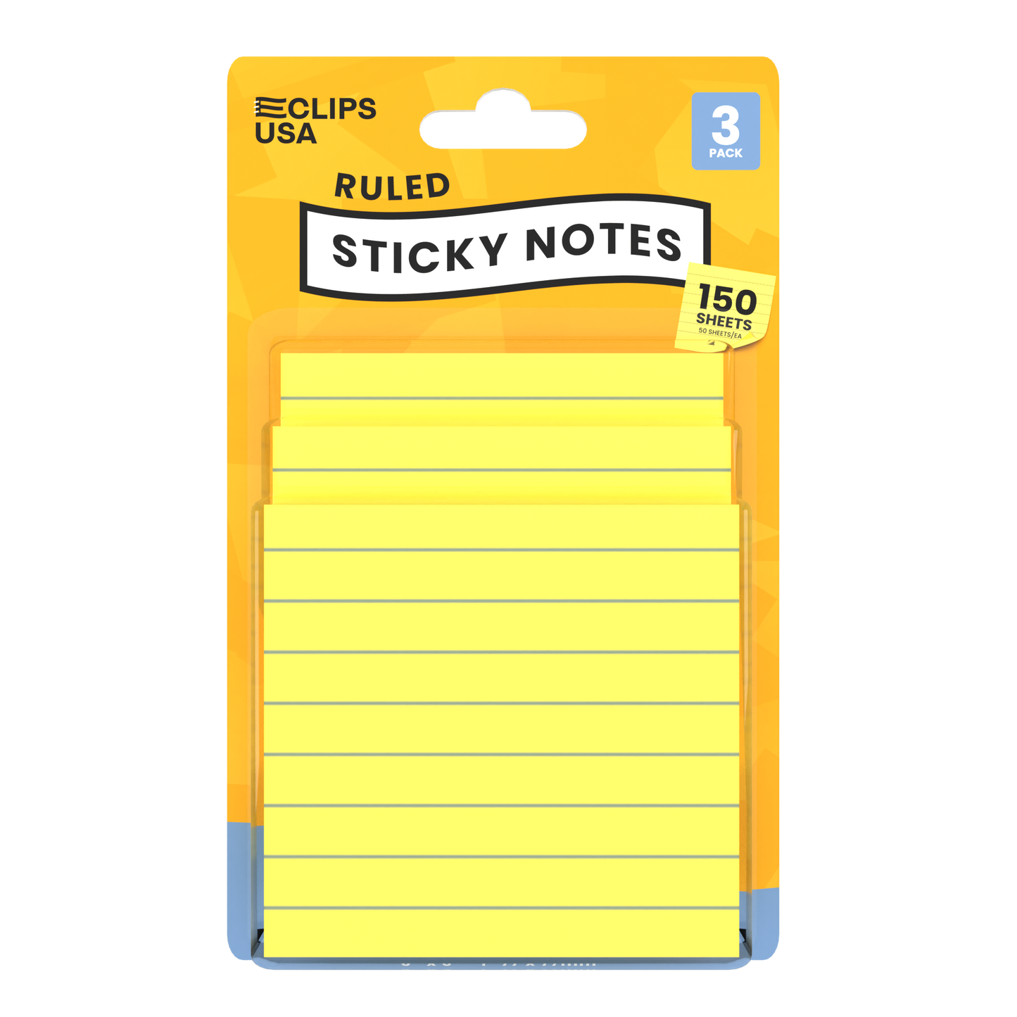 Yellow Ruled Sticky Notes - 3 X 3 Inches, 150 (3 Pads Of 50) Sheets