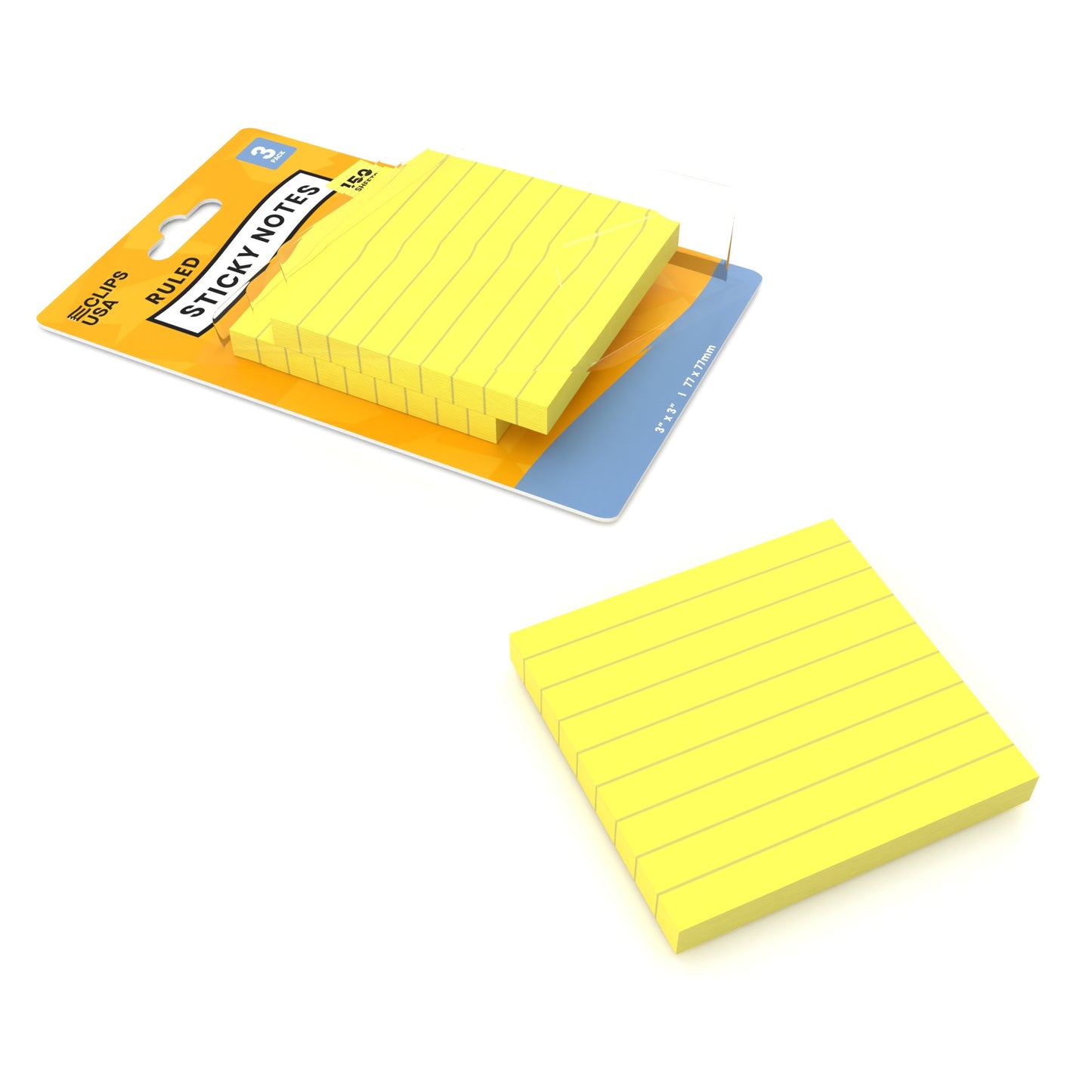 Yellow Ruled Sticky Notes - 3 X 3 Inches, 150 (3 Pads Of 50) Sheets