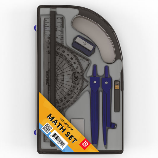 Geometry Math Set - Includes Protractor, Compass, Ruler, Writing Tools, With Case, 10 Pieces