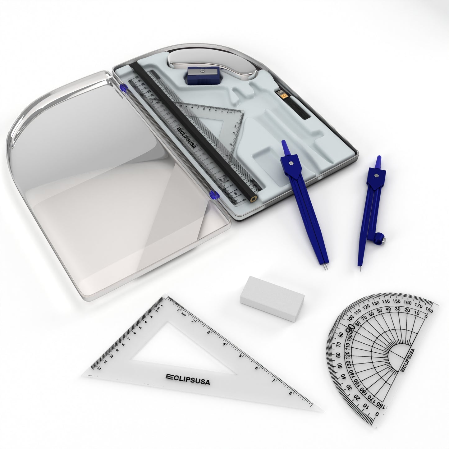 Geometry Math Set - Includes Protractor, Compass, Ruler, Writing Tools, With Case, 10 Pieces