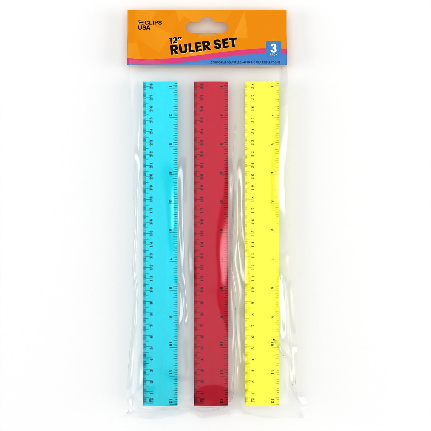 12-Inch Acrylic Ruler - Imperial/metric Markings, Assorted Transparent Colors, 3 Pack