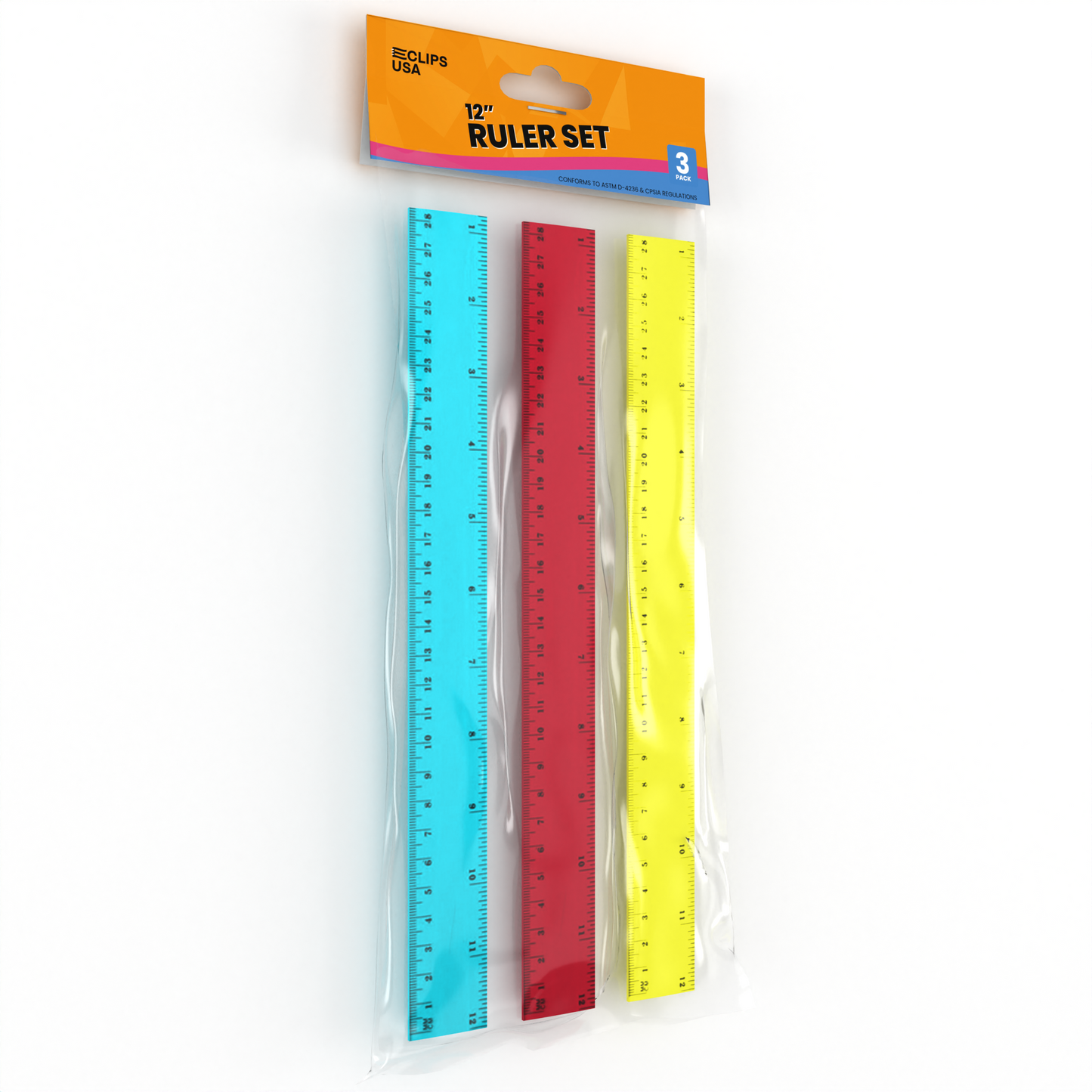 12-Inch Acrylic Ruler - Imperial/metric Markings, Assorted Transparent Colors, 3 Pack