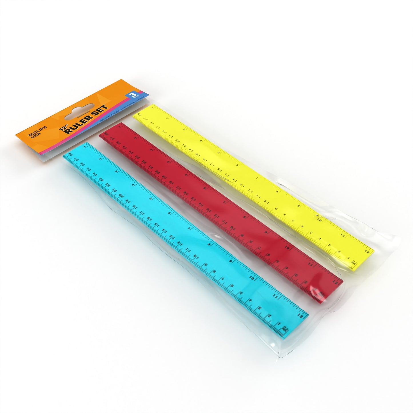 12-Inch Acrylic Ruler - Imperial/metric Markings, Assorted Transparent Colors, 3 Pack