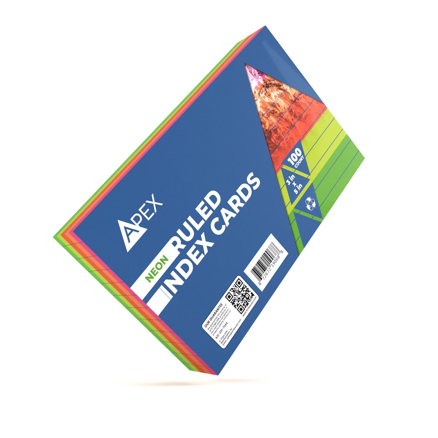 APEX Neon Ruled Index Cards - 3 X 5 Inches, Assorted Colors, 100 Pack