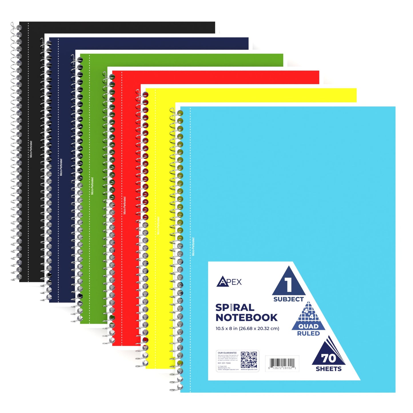 1 Quad Ruled, Spiral Notebooks Subject, Yellow, Light Blue, Green, Blue, Red, and Black, 70 Sheets