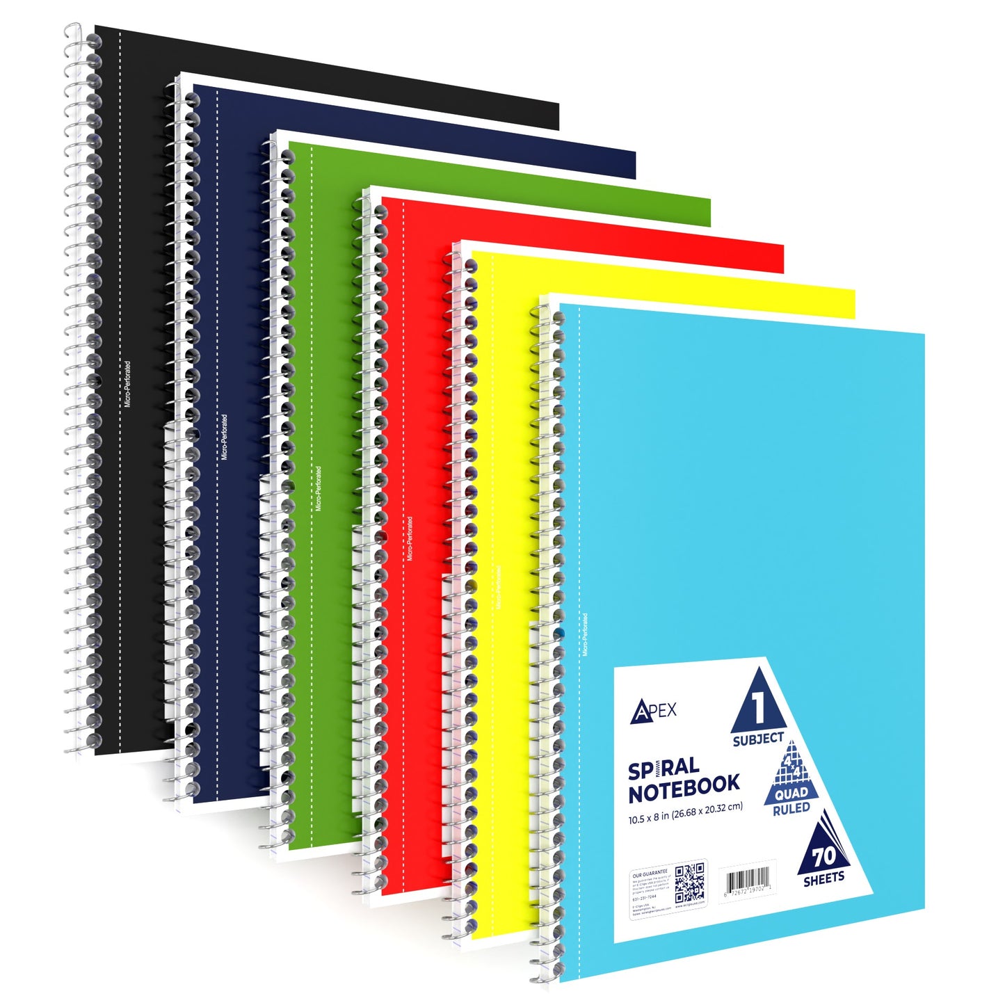 1 Quad Ruled, Spiral Notebooks Subject, Yellow, Light Blue, Green, Blue, Red, and Black, 70 Sheets