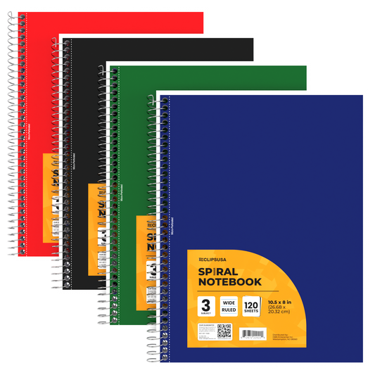 Spiral Notebook:  (Assorted Colors) 120 Sheets, Wide Ruled, 3 Subject, Paper, 10.5 x 8 | Case Pack: 36