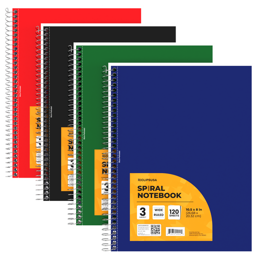 3-Subject Spiral Notebook - Assorted Colors, Wide-ruled, 120 Sheets