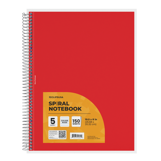 22055: 5 Subject Spiral Notebook - College Ruled, 150 Sheets, Assorted Colors