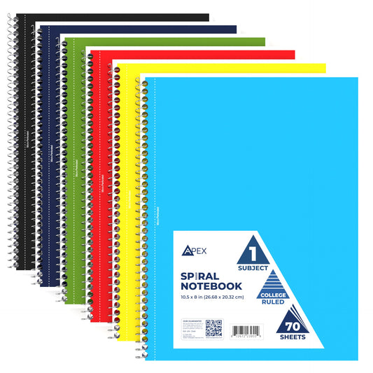 APEX 1-Subject Spiral Notebook - Assorted Colors, College-ruled, 70 Sheets