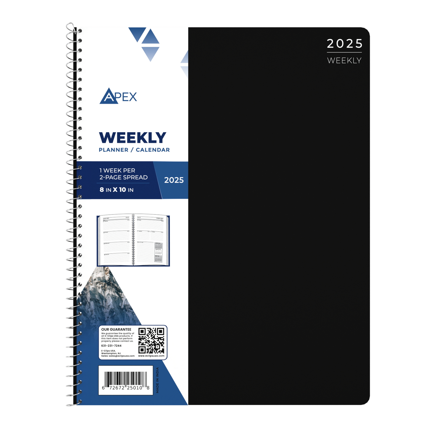 APEX 2025 Spiral-Bound Weekly Planner and Calendar - 1 Week Per 2-page Spread, 8 X 10 Inches