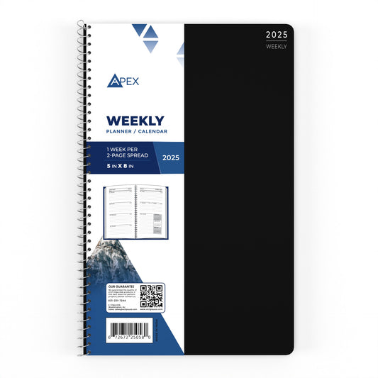 APEX 2025 Wired Weekly Planner - 1 Week Per 2-page Spread, 5 X 8 Inches, 3 Assorted Colors