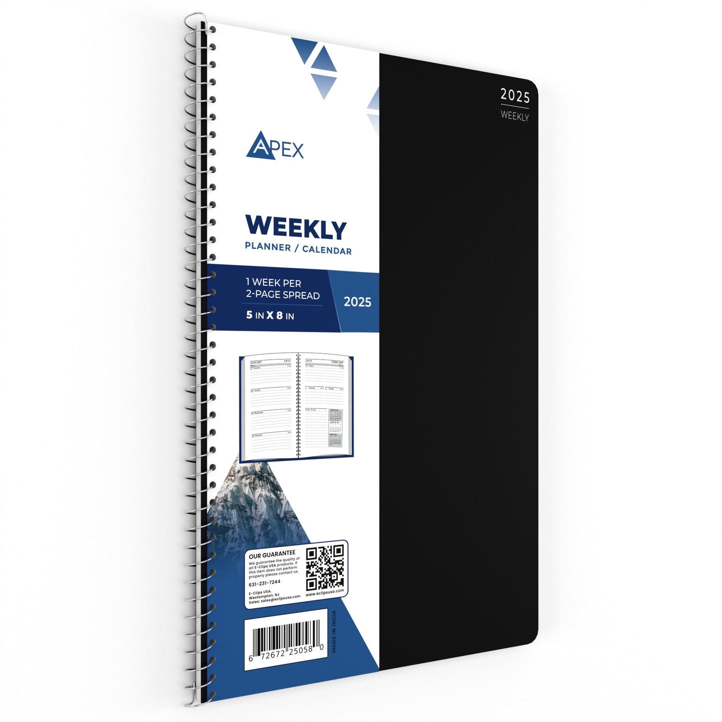 APEX 2025 Wired Weekly Planner - 1 Week Per 2-page Spread, 5 X 8 Inches, 3 Assorted Colors