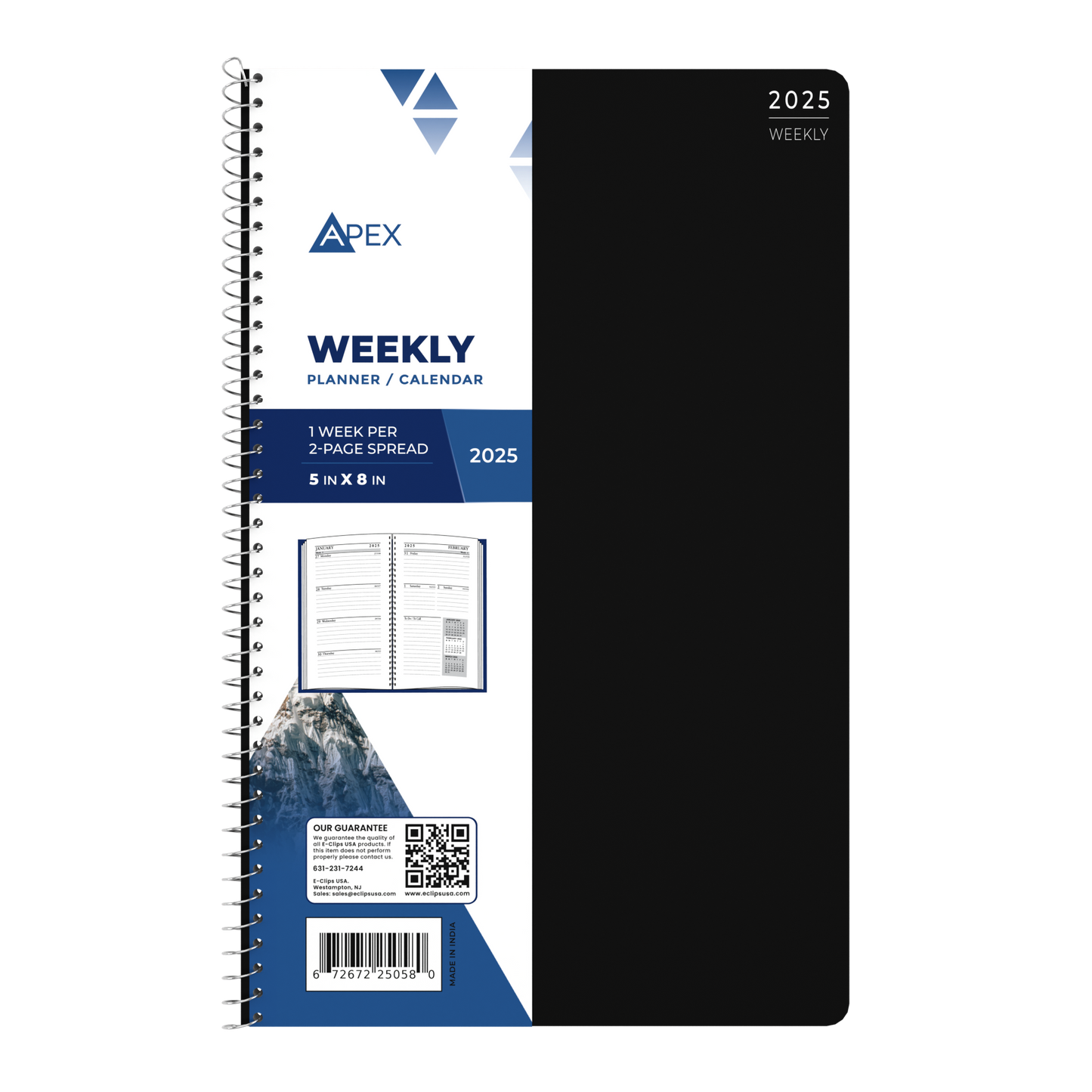 APEX 2025 Wired Weekly Planner - 1 Week Per 2-page Spread, 5 X 8 Inches, 3 Assorted Colors