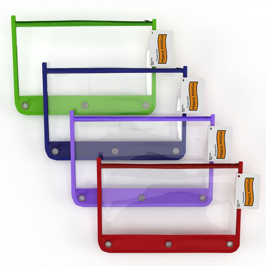 PVC Clear Zipper Pencil Pouch - Clear Window, Fits Standard 3-Ring Binder, 9.5 X 4.75 Inches, Assorted Colors