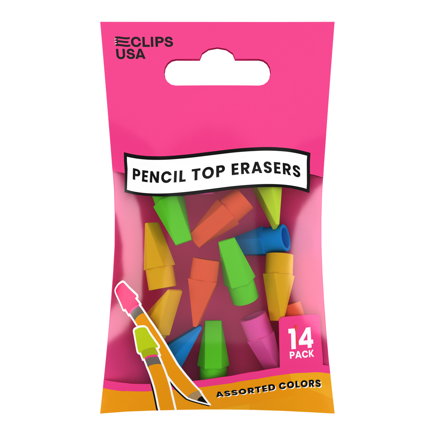 Pencil Top Erasers - Cap Tops, Assorted Colors, 14-Count