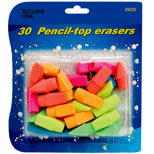 29232: Pencil Top Erasers, 30 Pack Assorted Colors