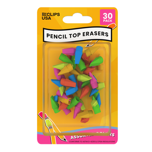 Pencil Top Erasers - Cap Tops, Assorted Colors, 30-Count