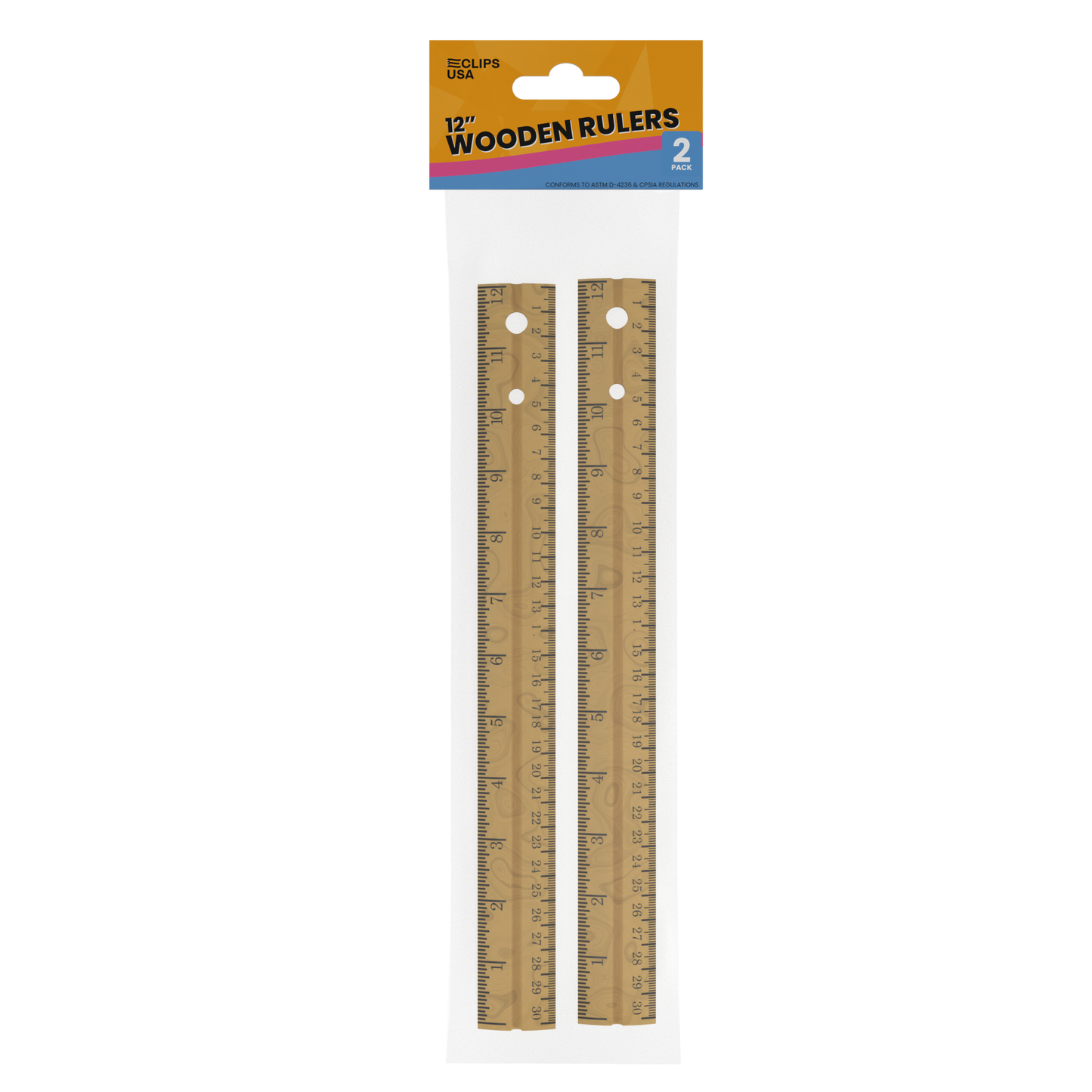 12-Inch Wooden Ruler - Imperial/metric Markings, 2 Pack