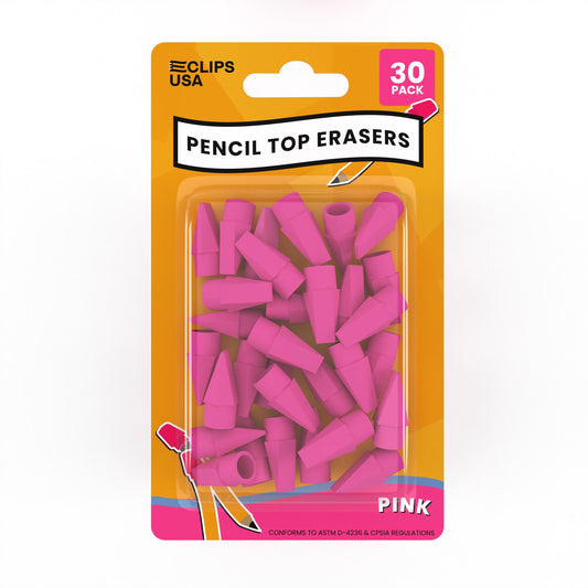 Pink Pencil Top Erasers - Cap Tops, 30 Pack