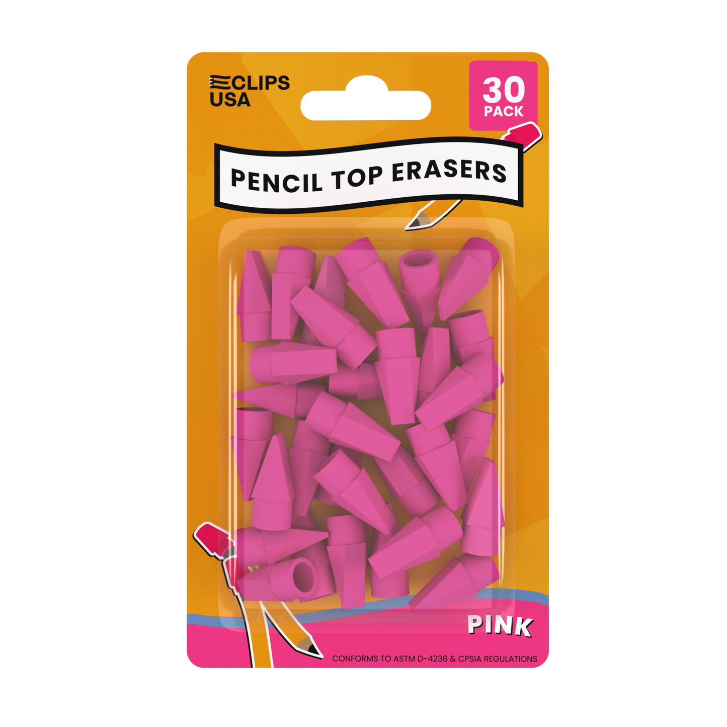 Pink Pencil Top Erasers - Cap Tops, 30 Pack