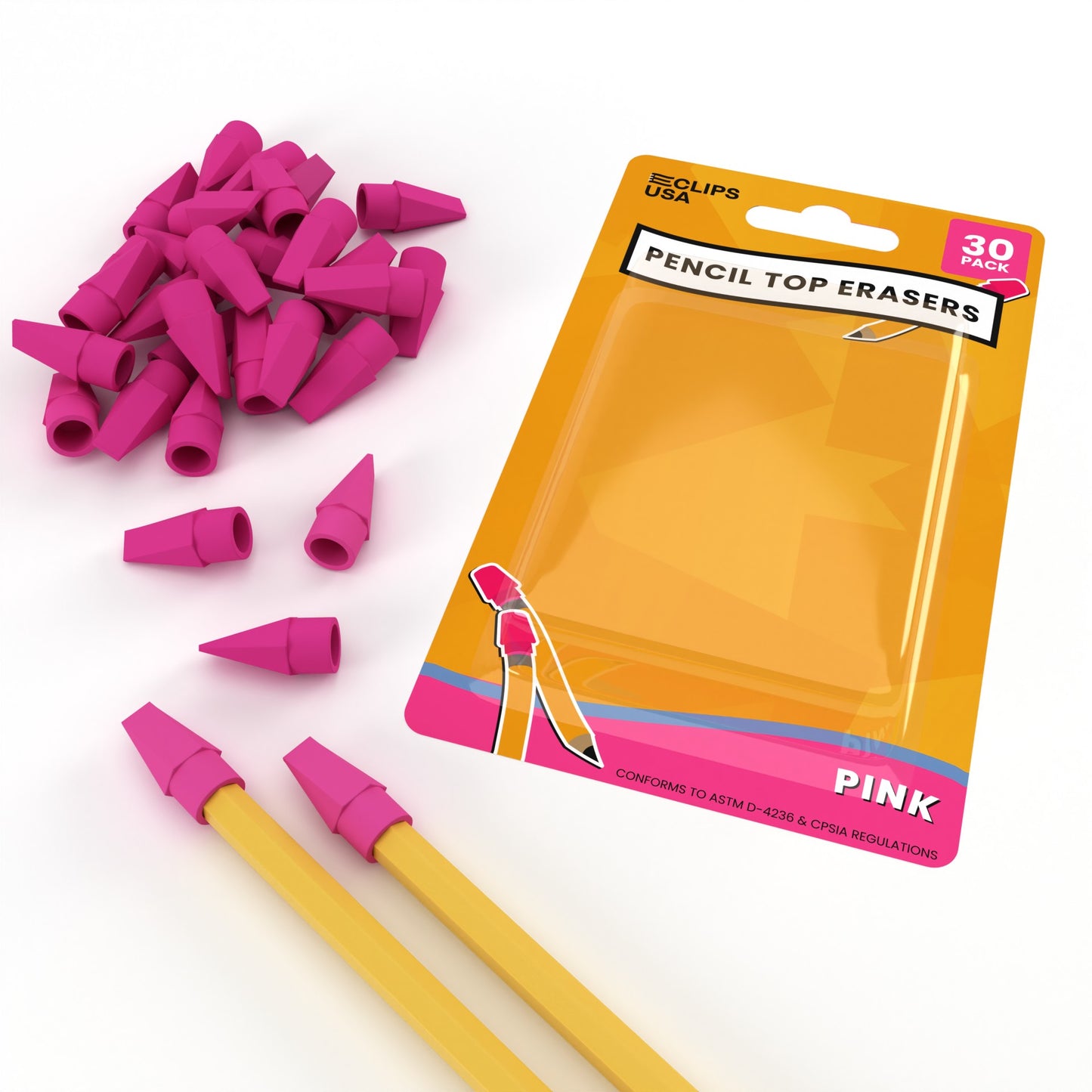 Pink Pencil Top Erasers - Cap Tops, 30 Pack