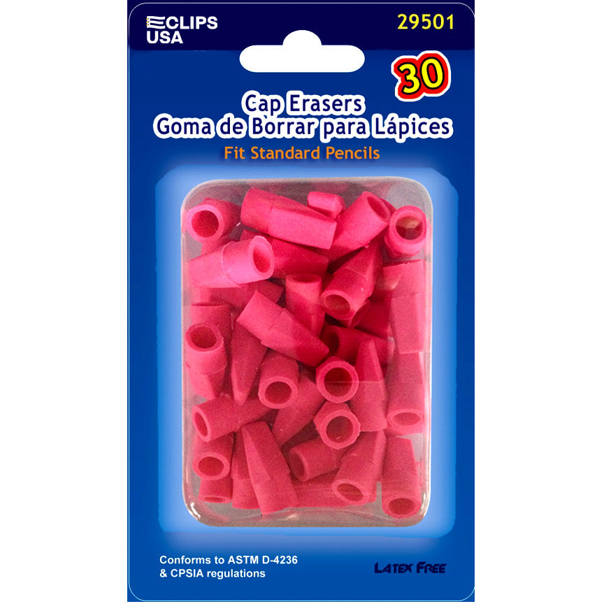 Pink Pencil Top Erasers - Cap Tops, 30 Pack