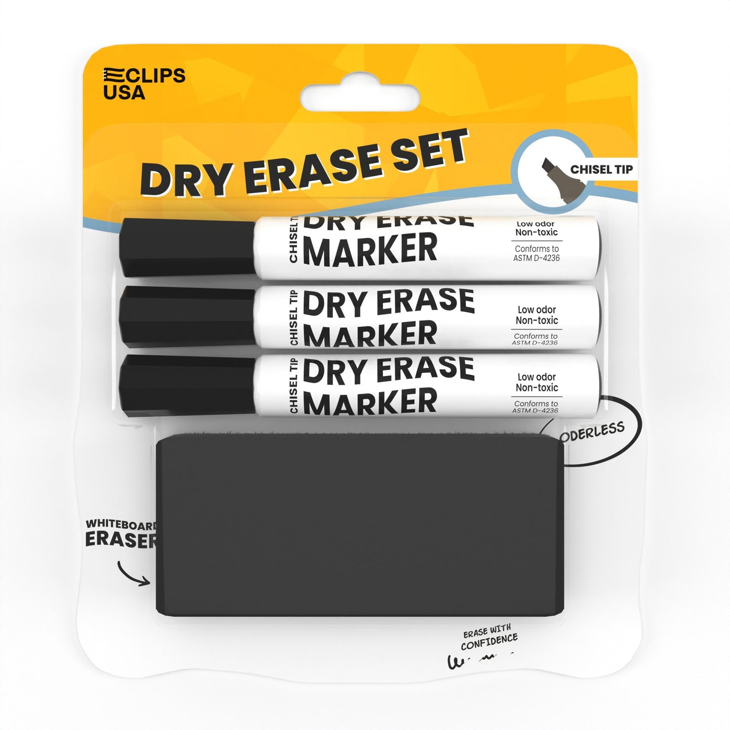 Dry Erase Marker Set - Low Odor, Non-toxic, Set Of 3 Markers With Eraser, Black, Chisel-tip