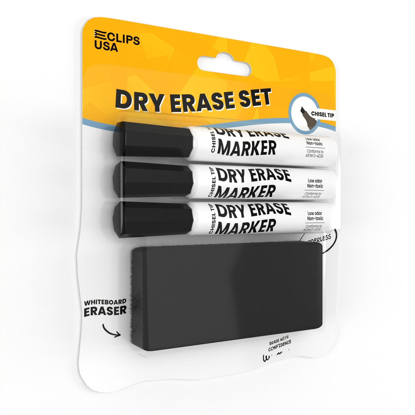 Dry Erase Marker Set - Low Odor, Non-toxic, Set Of 3 Markers With Eraser, Black, Chisel-tip