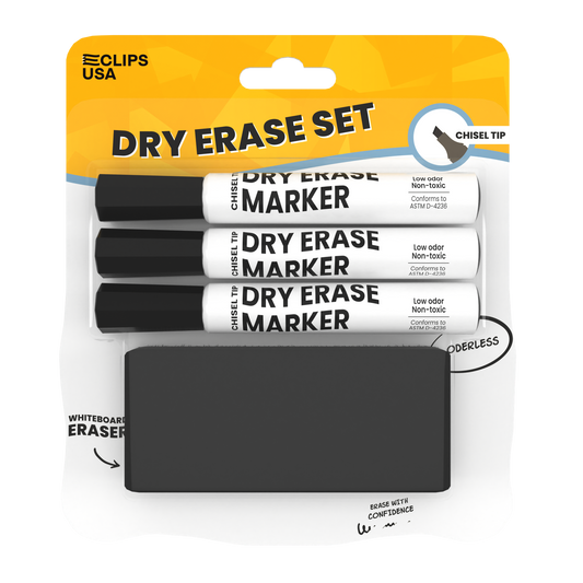 Dry Erase Marker Set - Low Odor, Non-toxic, Set Of 3 Markers With Eraser, Black, Chisel-tip