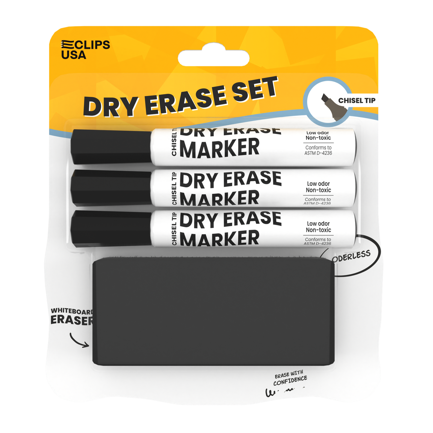 Dry Erase Marker Set - Low Odor, Non-toxic, Set Of 3 Markers With Eraser, Black, Chisel-tip