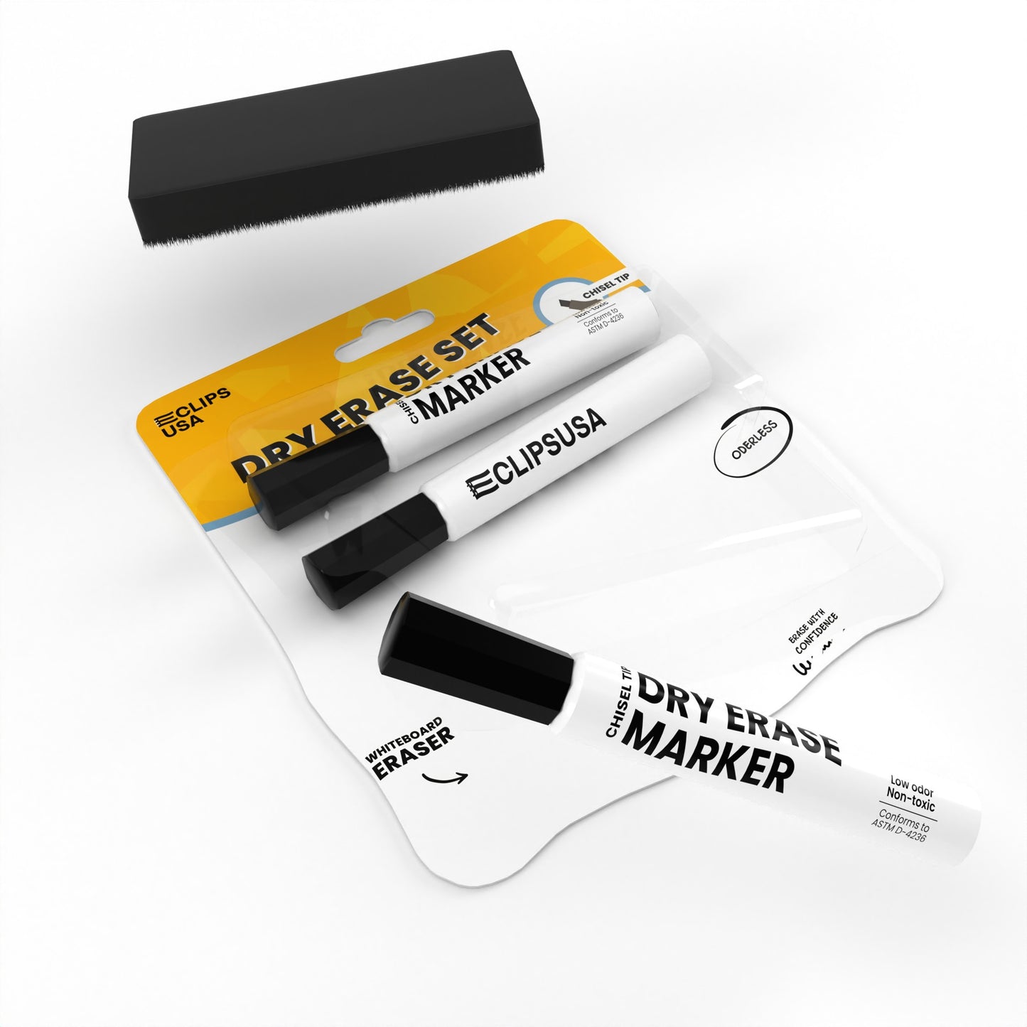 Dry Erase Marker Set - Low Odor, Non-toxic, Set Of 3 Markers With Eraser, Black, Chisel-tip