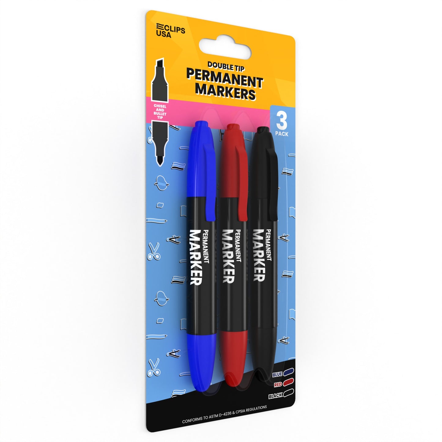 Double Tip Permanent Markers: Chisel & Bullet Tip, (Assorted Colors), 3 Pack, Case of 48 Packs