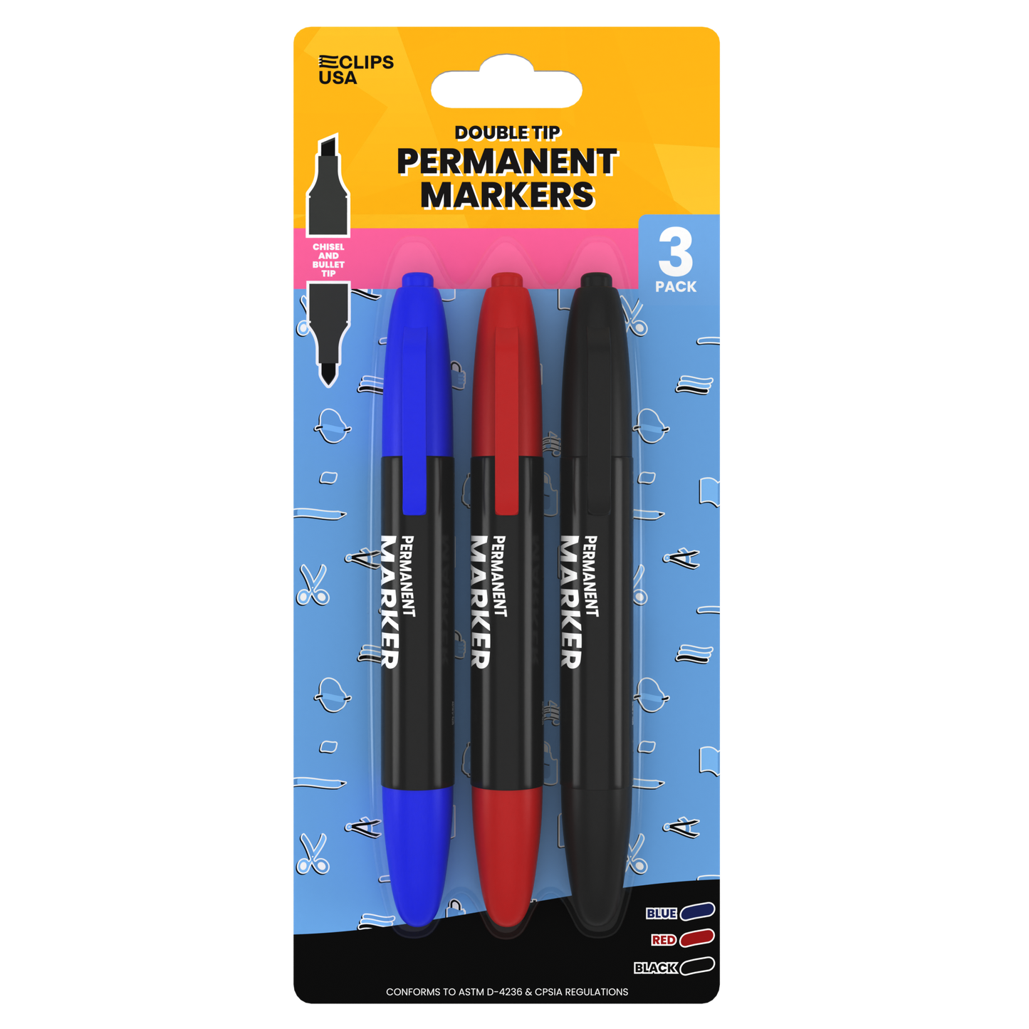 Double Tip Permanent Markers: Chisel & Bullet Tip, (Assorted Colors), 3 Pack, Case of 48 Packs