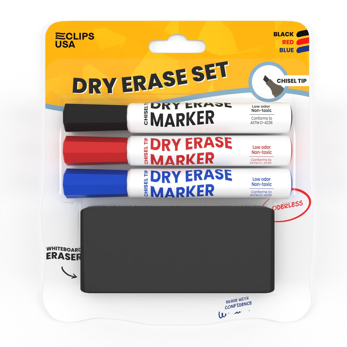 Dry Erase Marker Set - Low Odor, Non-toxic, Set Of 3 Markers With Eraser, Assorted Colors, Chisel-tip