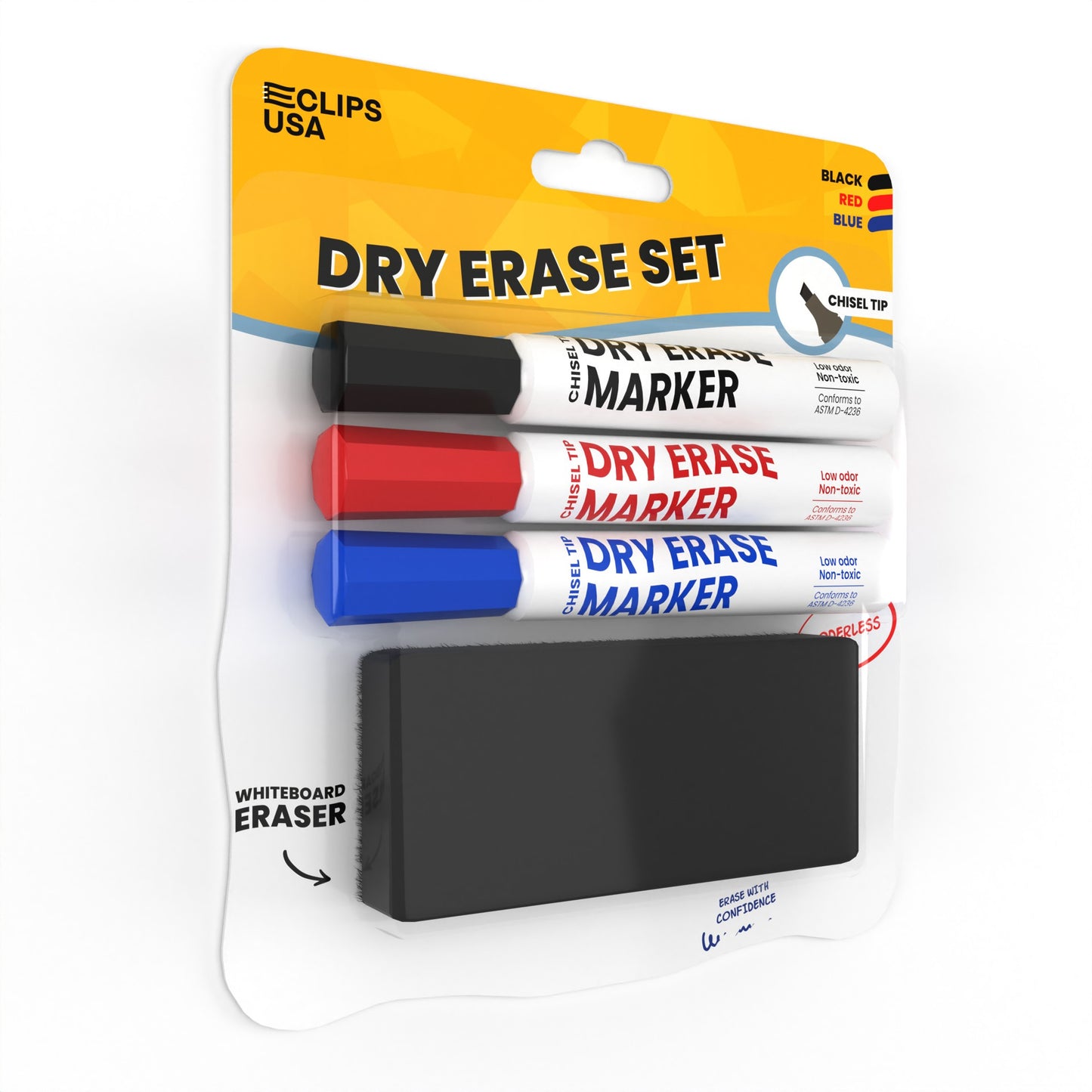 Dry Erase Marker Set - Low Odor, Non-toxic, Set Of 3 Markers With Eraser, Assorted Colors, Chisel-tip