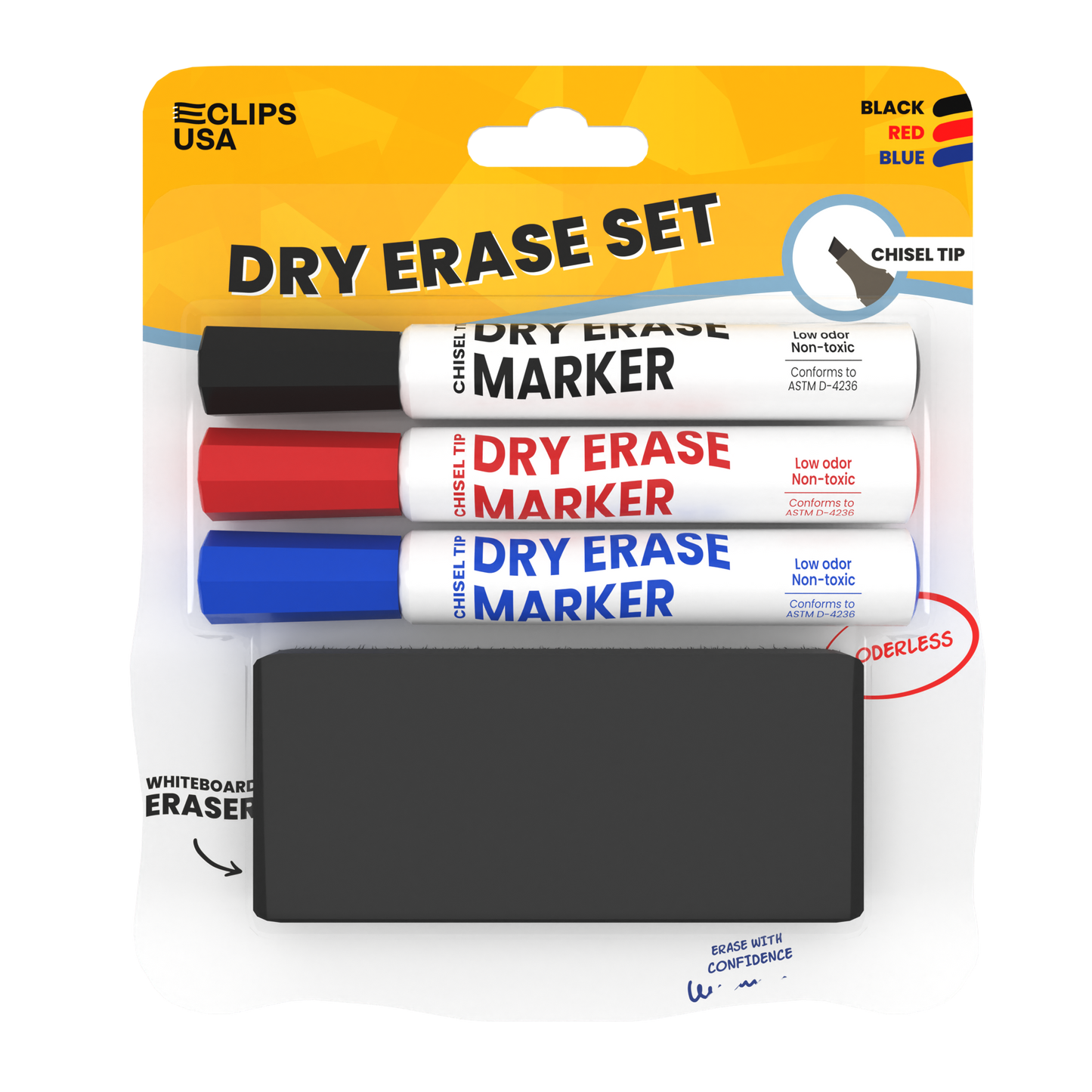 Dry Erase Marker Set - Low Odor, Non-toxic, Set Of 3 Markers With Eraser, Assorted Colors, Chisel-tip