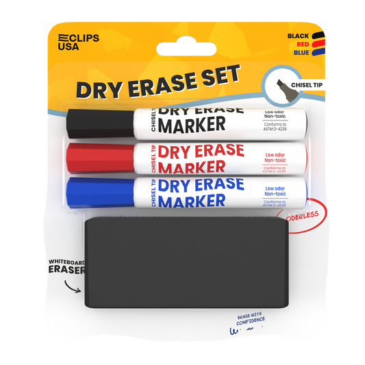 Dry Erase Marker Set - Low Odor, Non-toxic, Set Of 3 Markers With Eraser, Assorted Colors, Chisel-tip