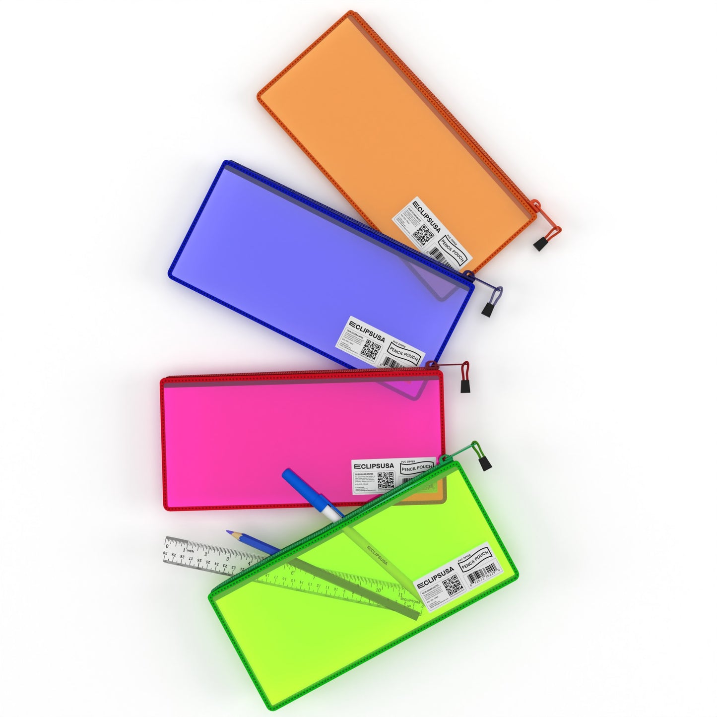 Clear PVC Pencil Pouch - 9.5 X 4.75 Inches, Assorted Neon Colors