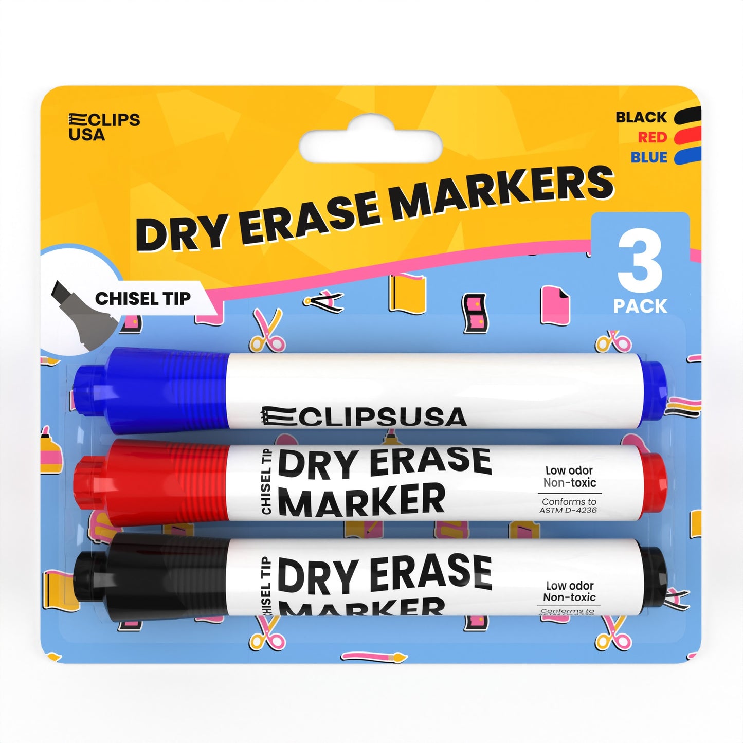 Dry Erase Markers - Low Odor, Non-toxic, Assorted Colors, 3 Pack, Chisel-tip