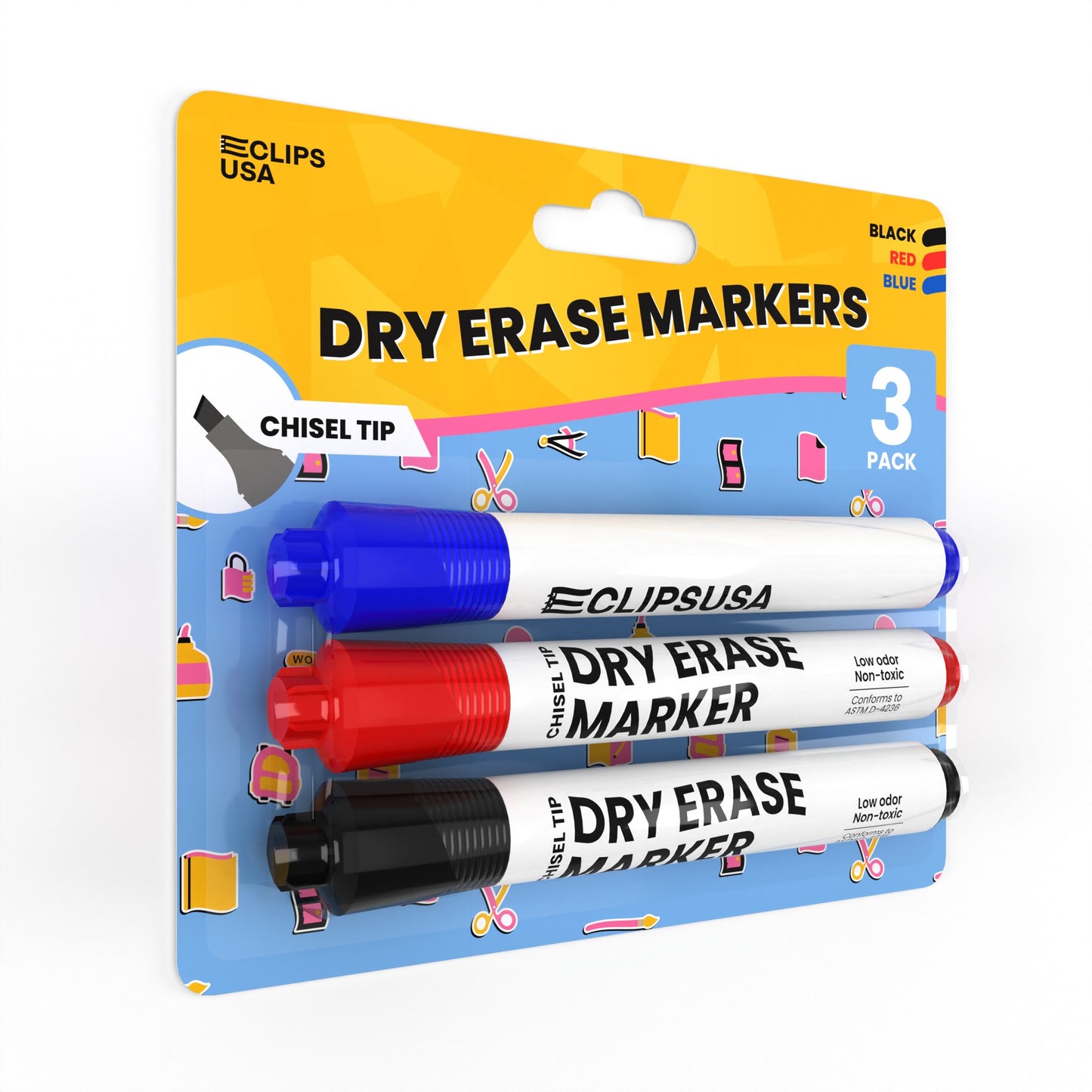 Dry Erase Markers - Low Odor, Non-toxic, Assorted Colors, 3 Pack, Chisel-tip